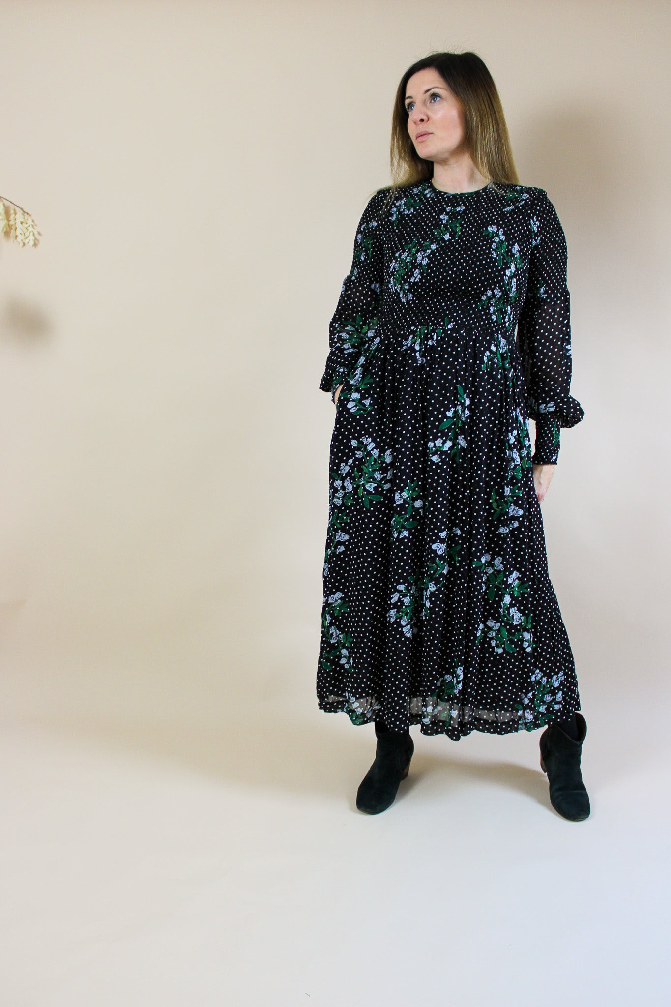 GANNI Rometty Floral Georgette Smocked Dress Size 8