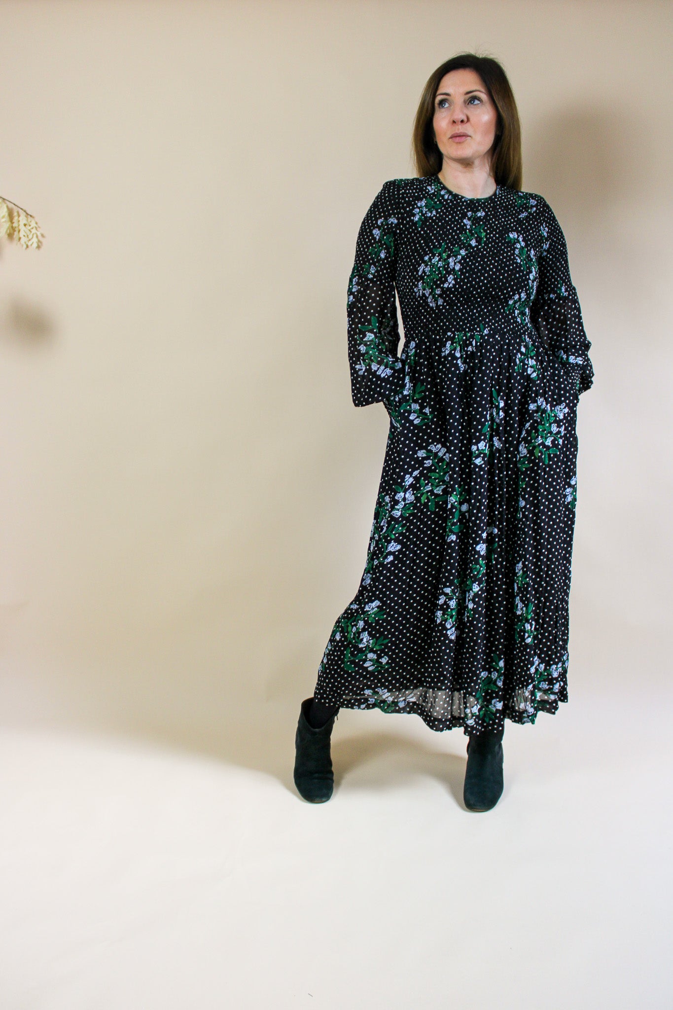 GANNI Rometty Floral Georgette Smocked Dress Size 8