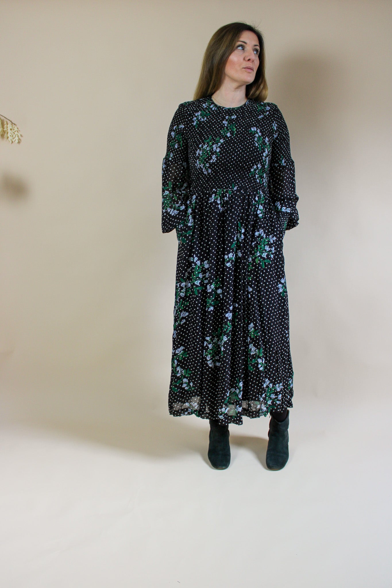 GANNI Rometty Floral Georgette Smocked Dress Size 8