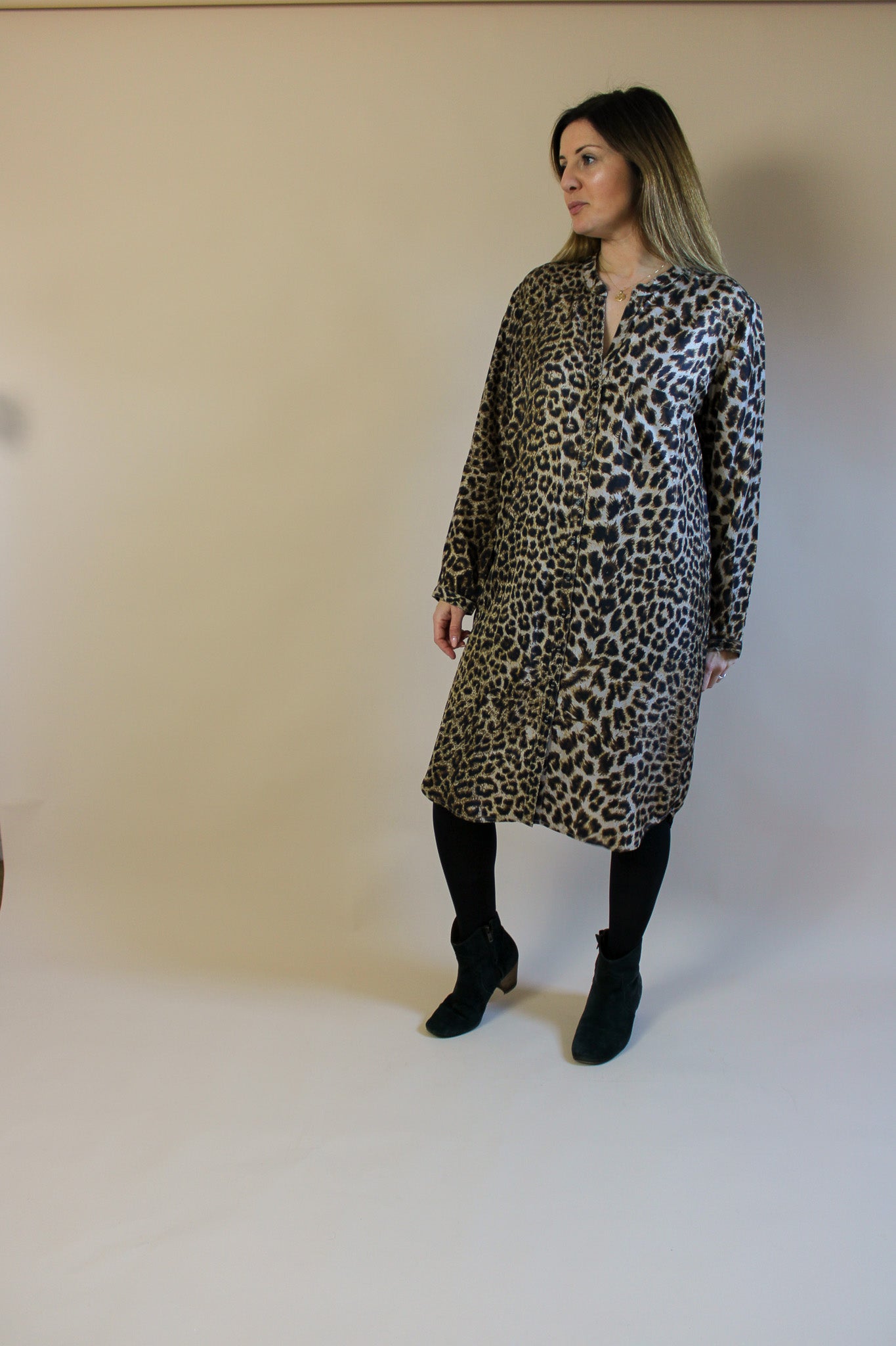 RABENS SALONER Angelina Leopard Print Silky Shirt Dress Size M