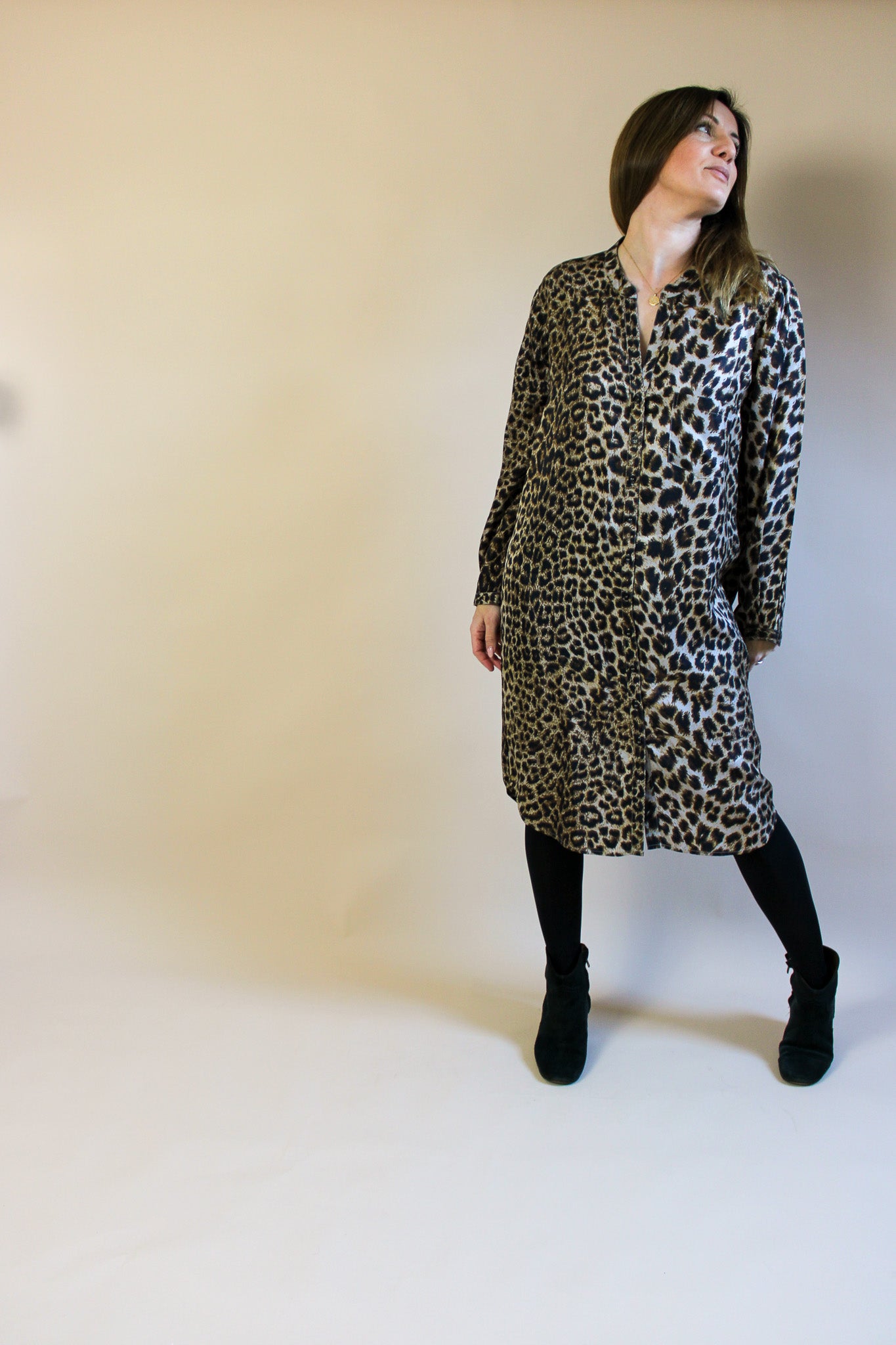 RABENS SALONER Angelina Leopard Print Silky Shirt Dress Size M