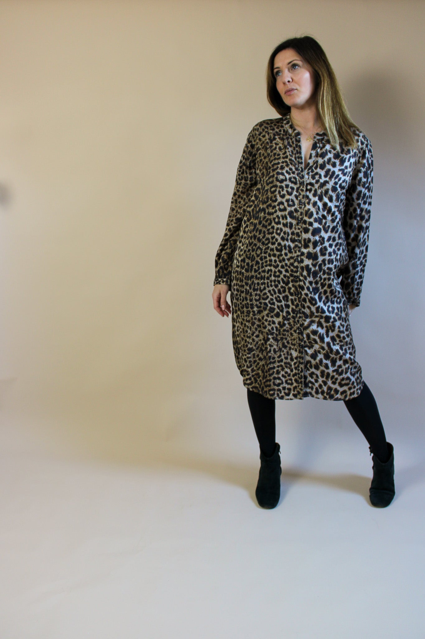RABENS SALONER Angelina Leopard Print Silky Shirt Dress Size M
