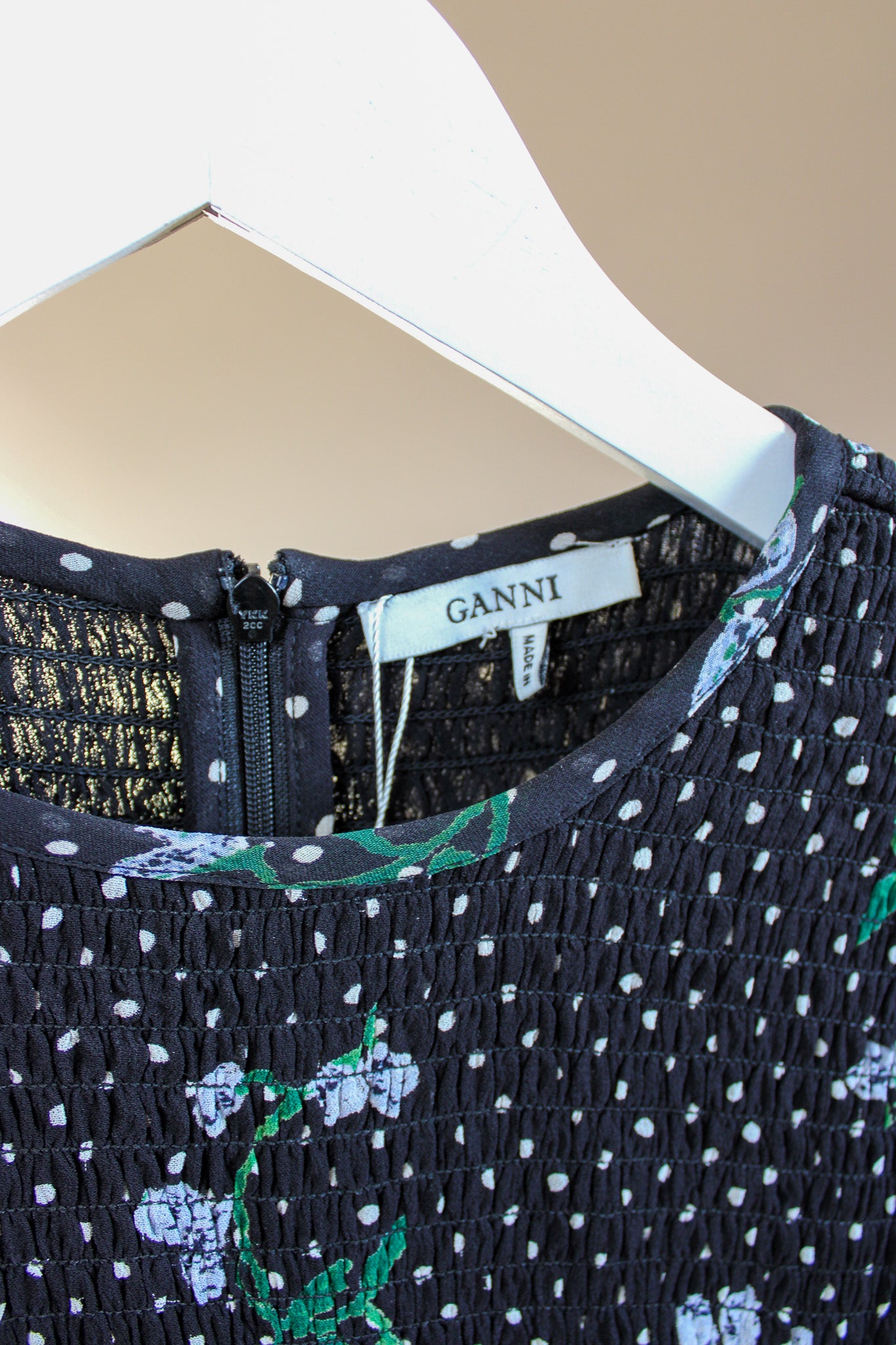 GANNI Rometty Floral Georgette Smocked Dress Size 8