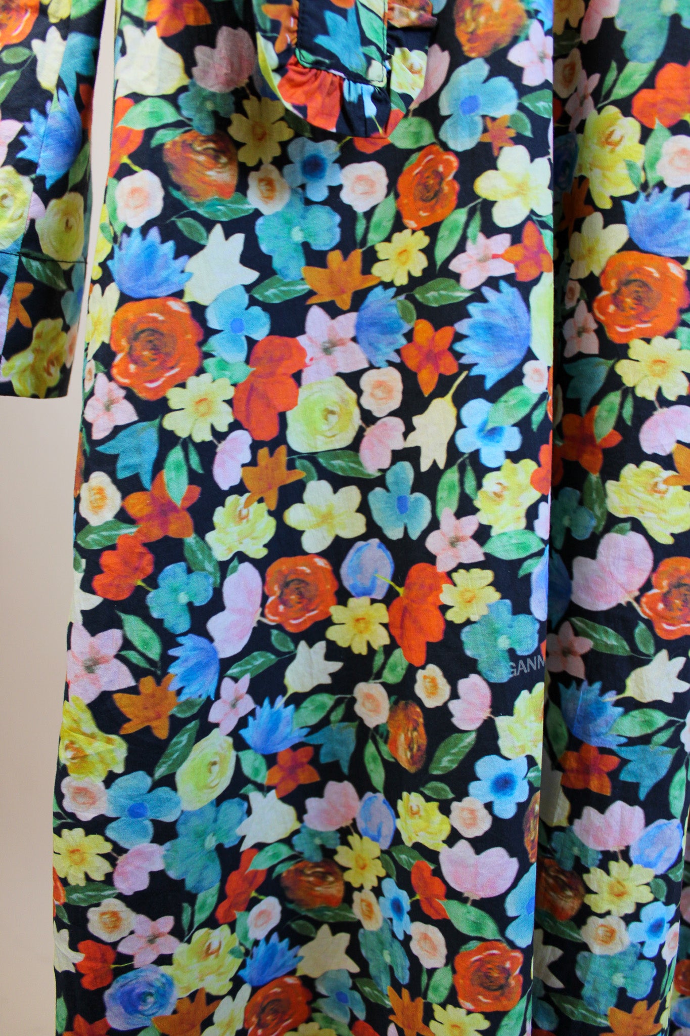 GANNI Tie-Neck Floral-Print Cotton-Poplin Midi Dress Size 14