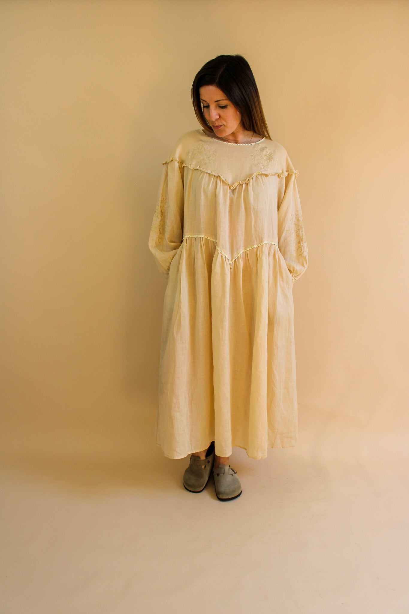 MEADOWS Floral Embroidered Trim Linen Maxi Dress Size 14