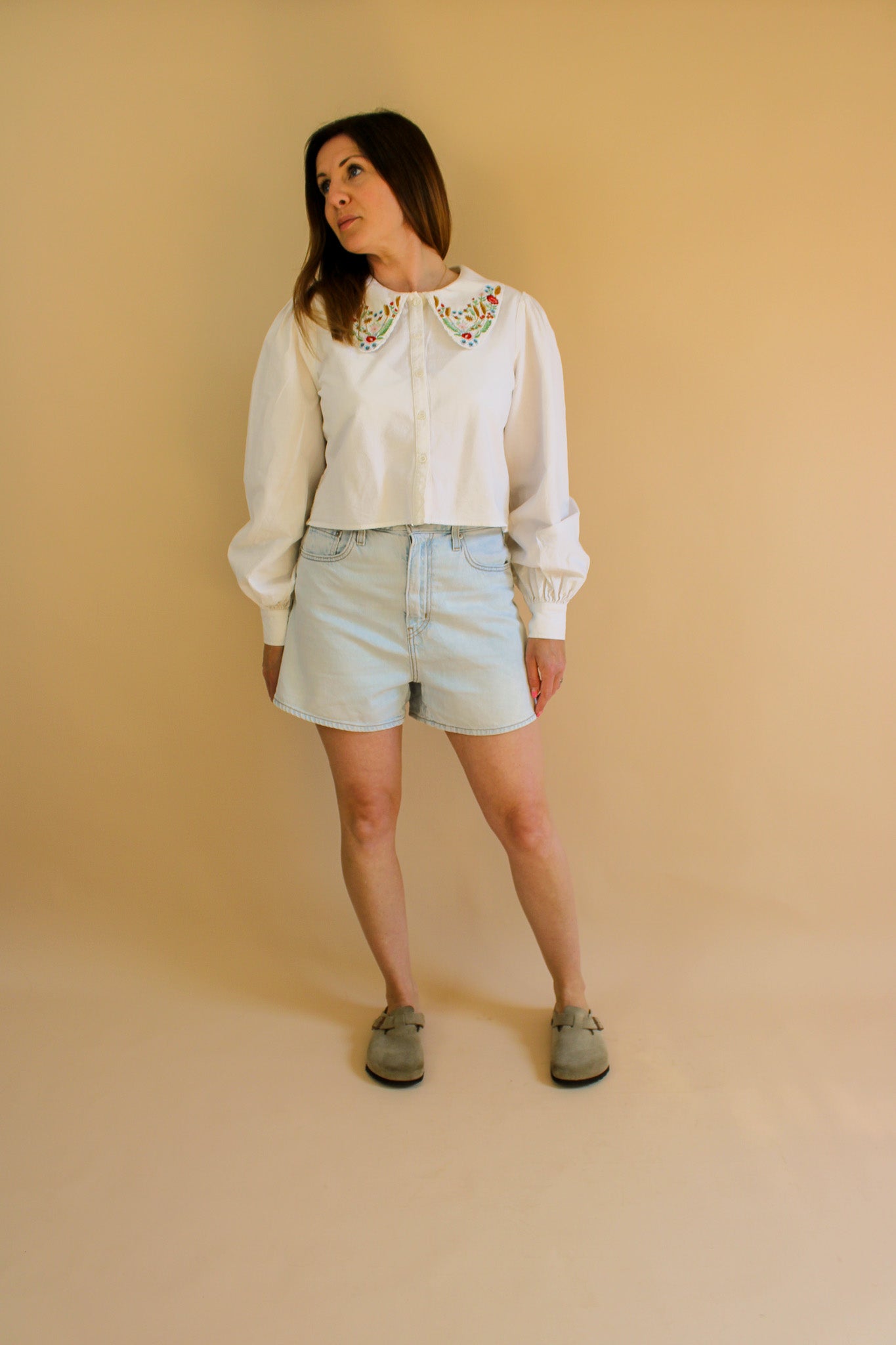 MEADOWS Embroidered Collar Foxglove Cotton Shirt Size 8-10