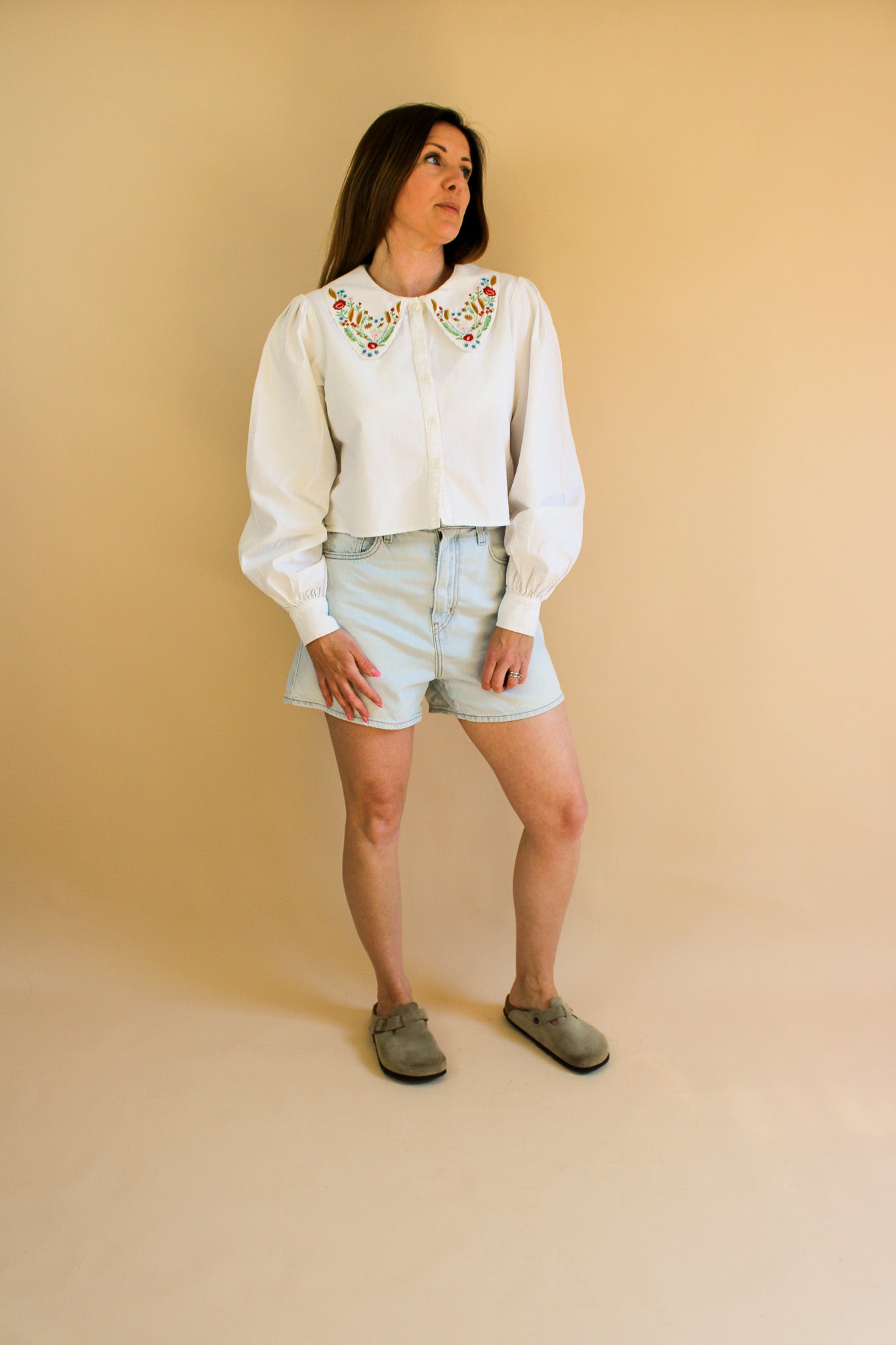 MEADOWS Embroidered Collar Foxglove Cotton Shirt Size 8-10