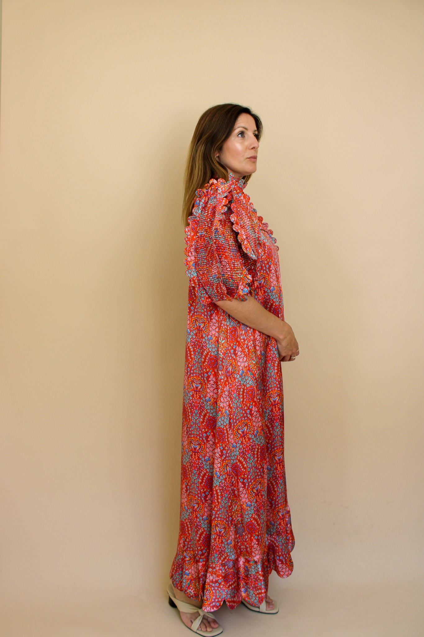 HORROR VACUI Elinor Scalloped Floral-print Silk Puff Sleeve Midi Dress Size S