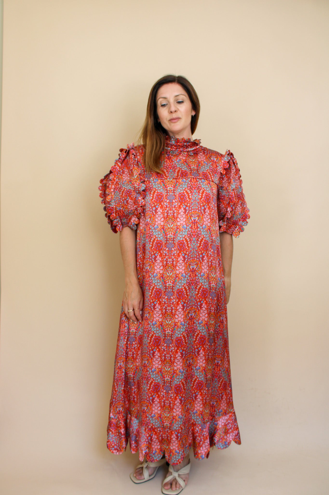 HORROR VACUI Elinor Scalloped Floral-print Silk Puff Sleeve Midi Dress Size S