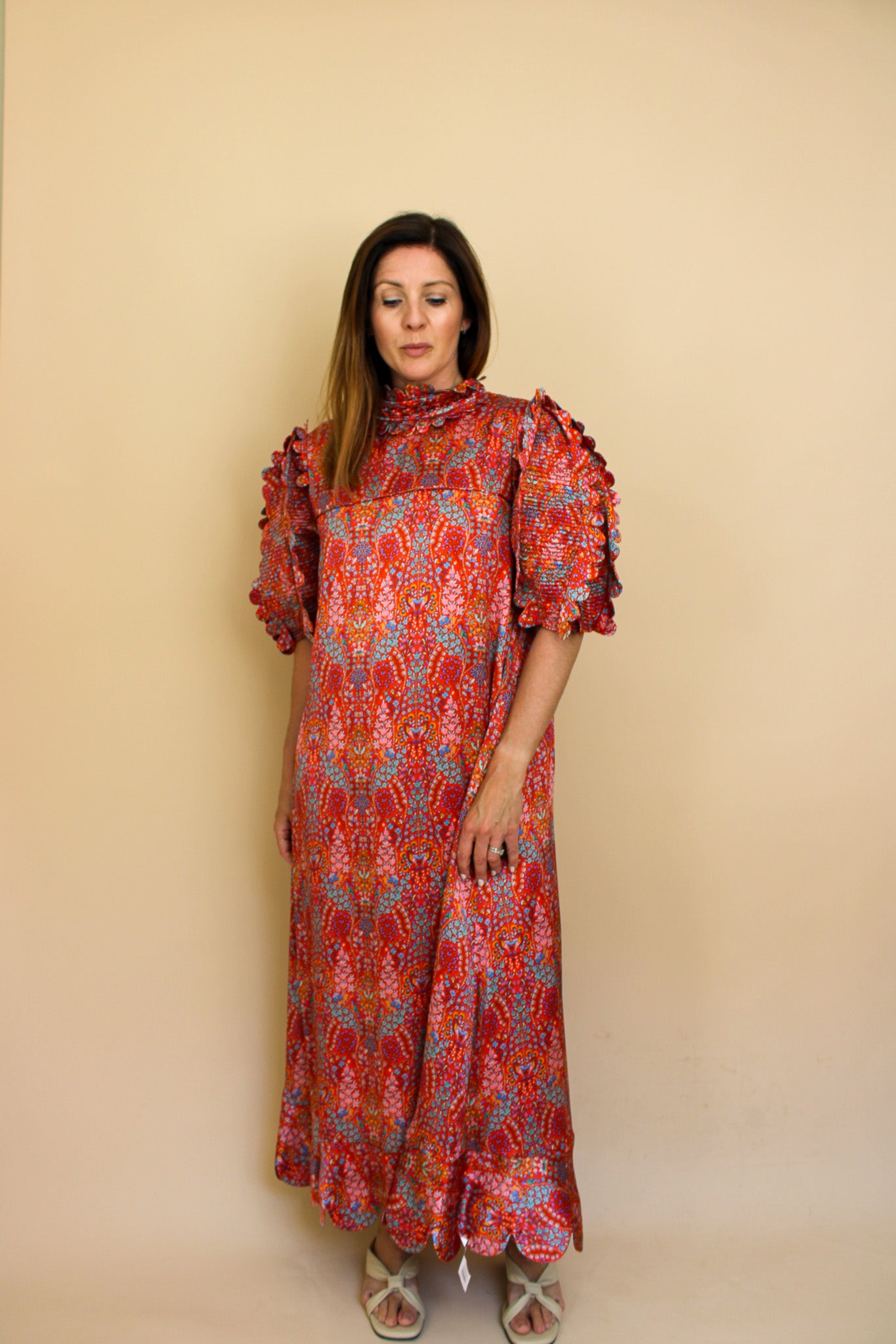 HORROR VACUI Elinor Scalloped Floral-print Silk Puff Sleeve Midi Dress Size S