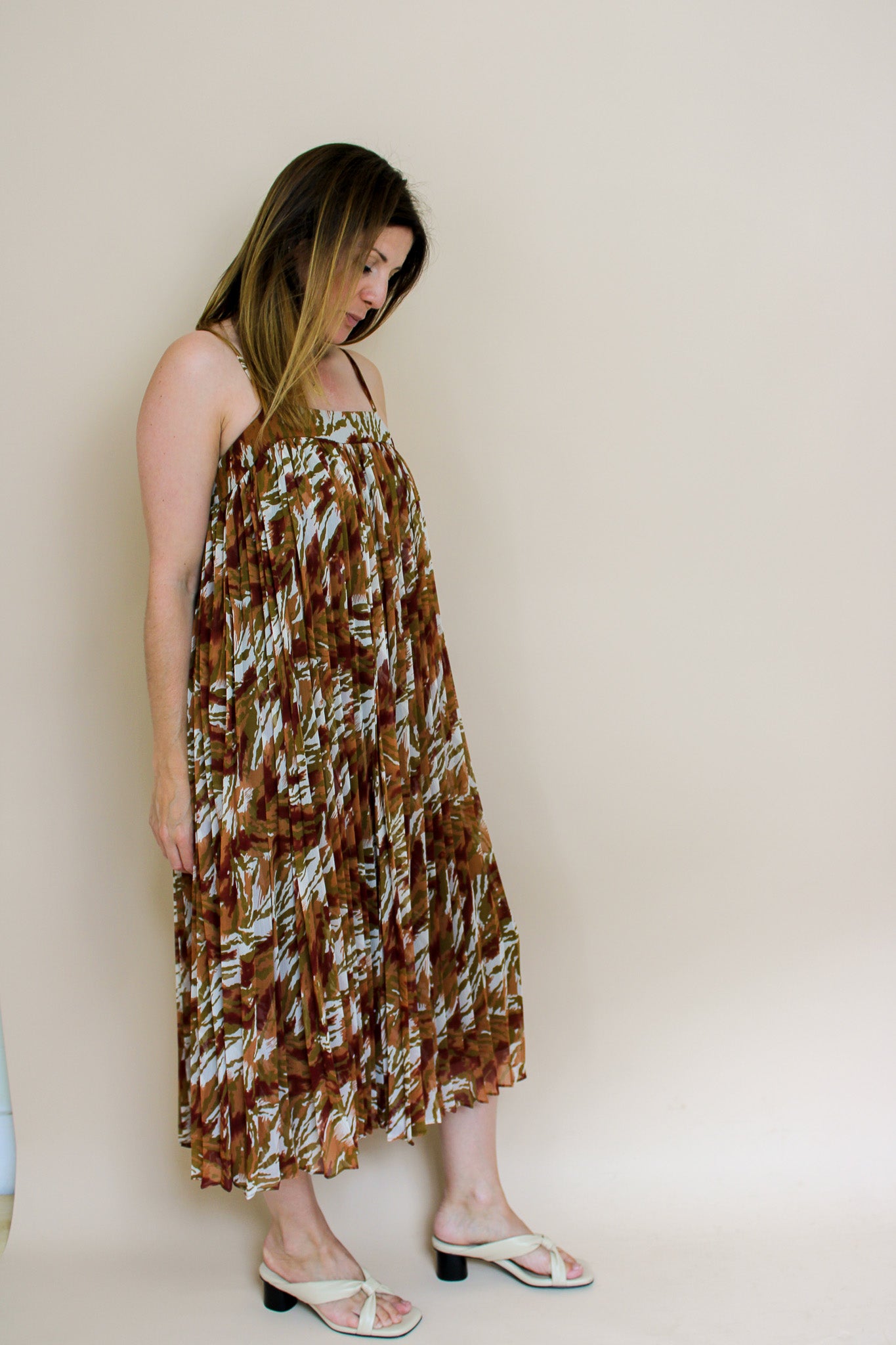 WHISTLES Pleated Print Swing Midi Dress Size 8