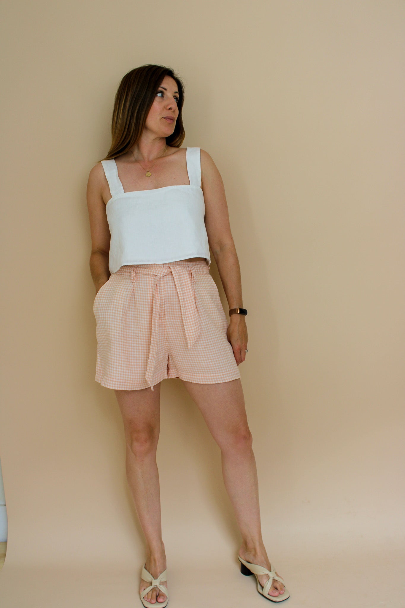 SEZANE Lucas Belted Linen Gingham Shorts Size 10