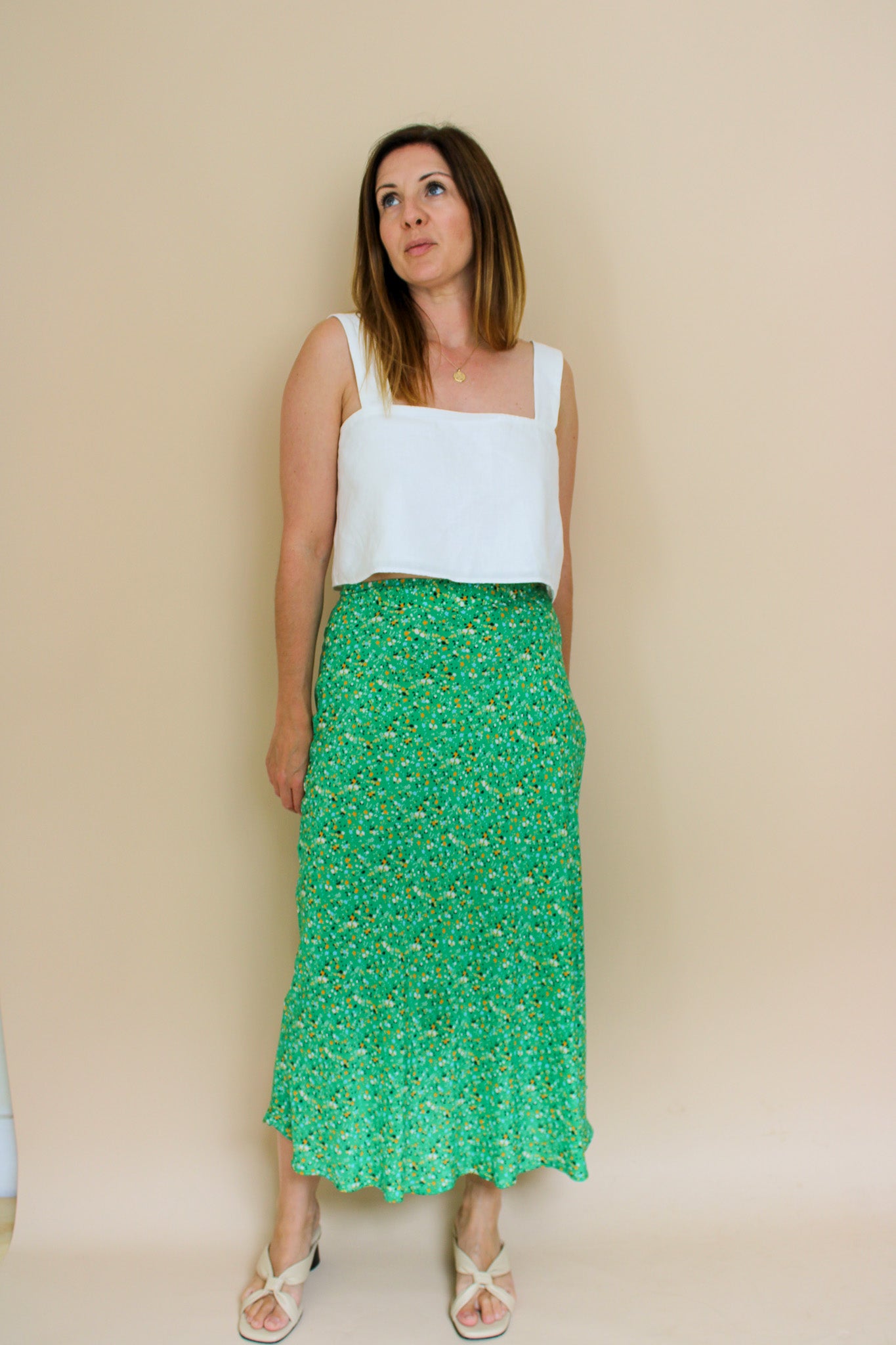 WHISTLES Green Ditsy Blossom Bias Cut Midi Skirt Size 10