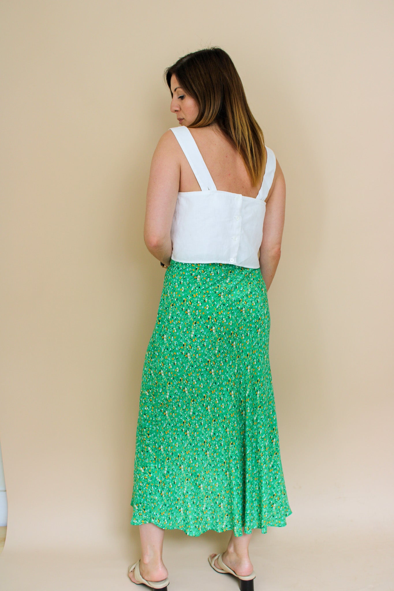 WHISTLES Green Ditsy Blossom Bias Cut Midi Skirt Size 10