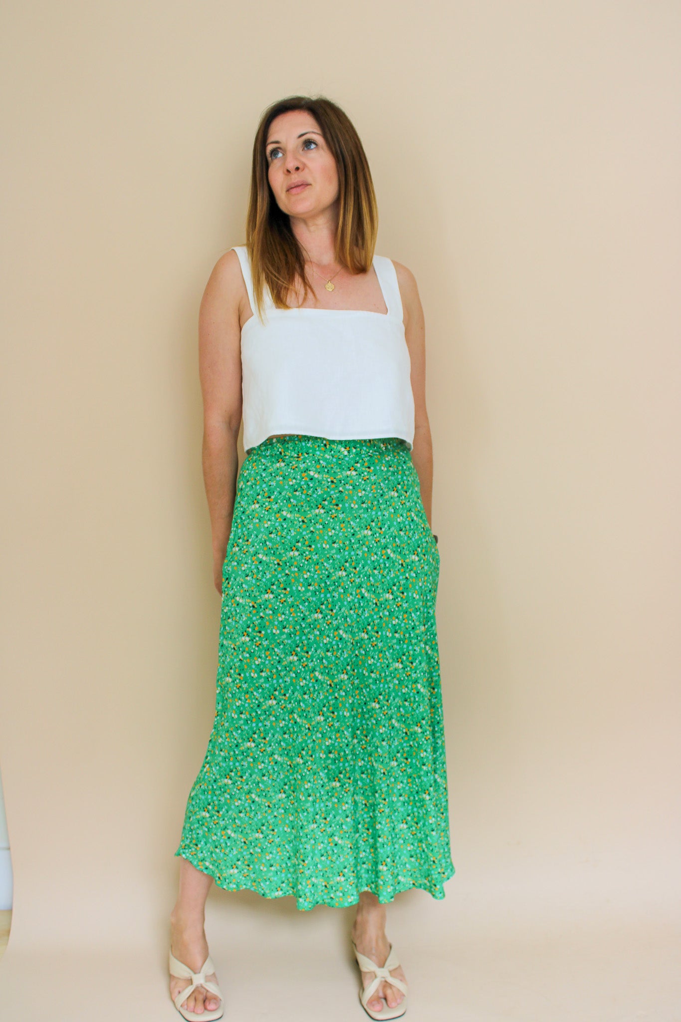 WHISTLES Green Ditsy Blossom Bias Cut Midi Skirt Size 10
