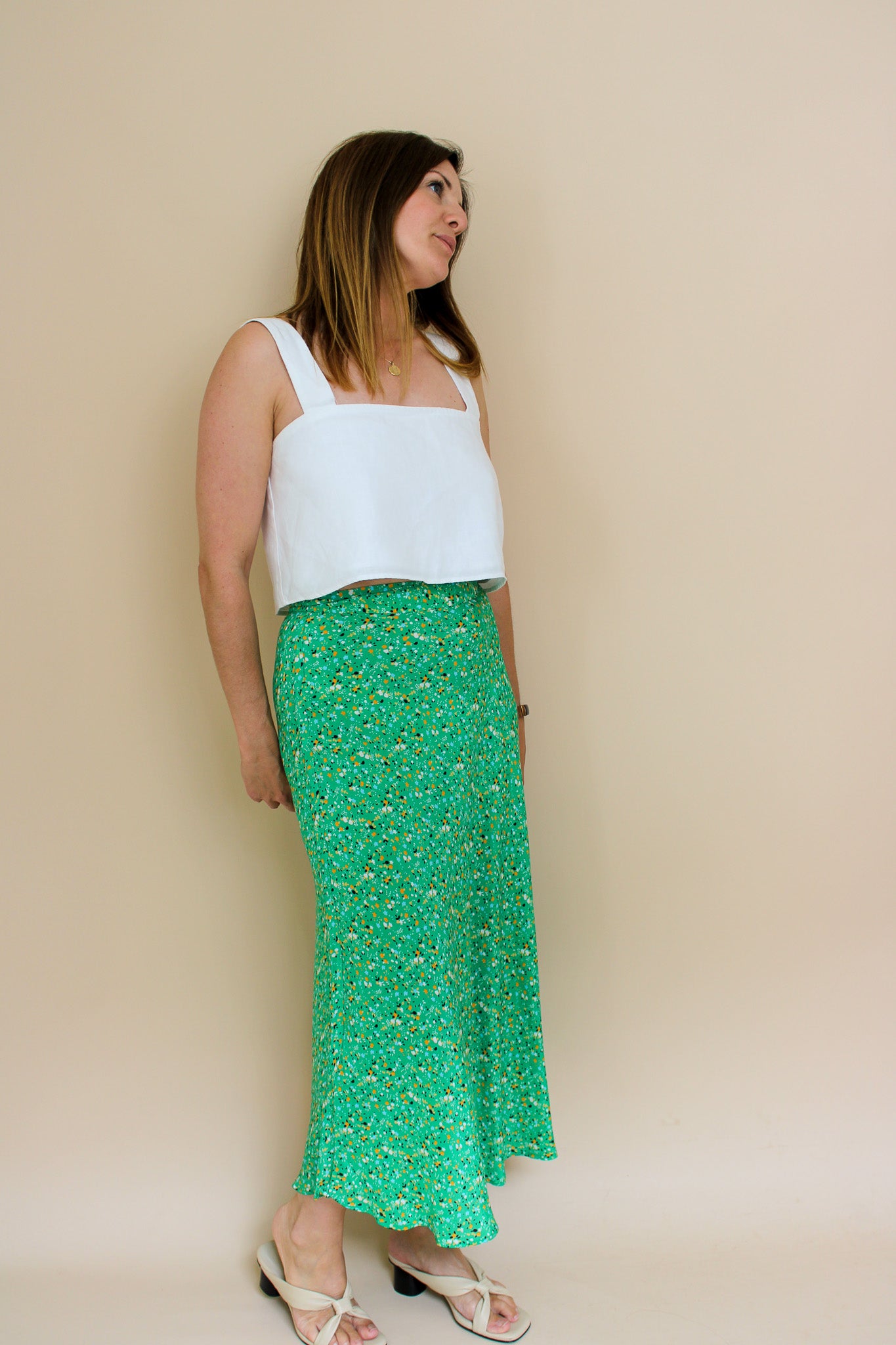 WHISTLES Green Ditsy Blossom Bias Cut Midi Skirt Size 10