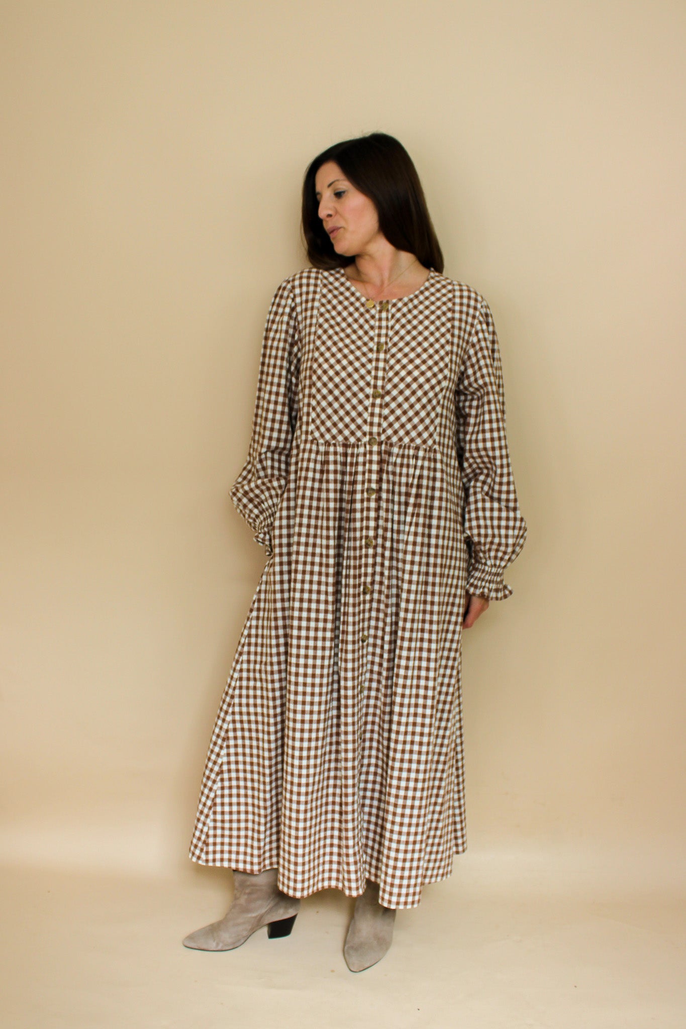 MEADOWS Cortland Long Sleeve Gingham Midi Dress Size 8-10