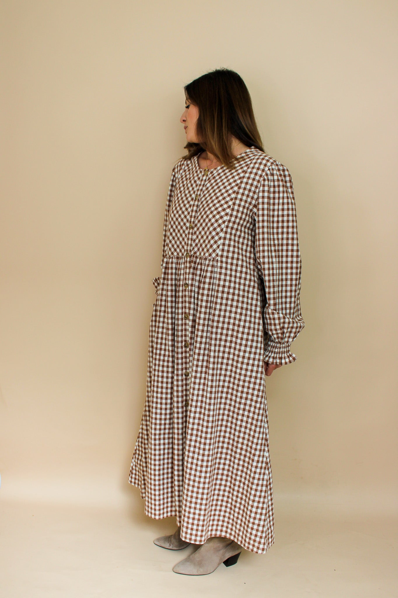 MEADOWS Cortland Long Sleeve Gingham Midi Dress Size 8-10
