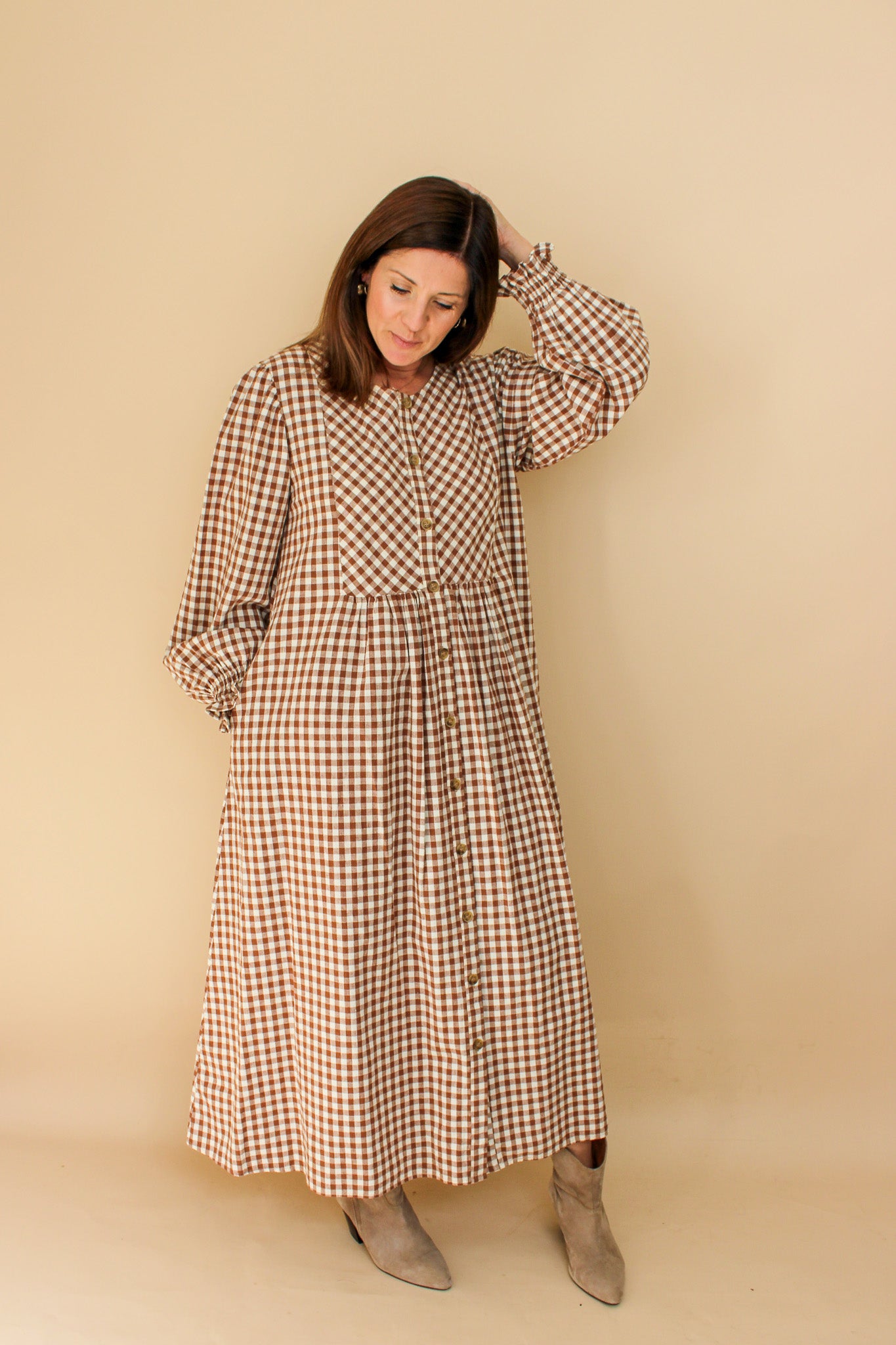 MEADOWS Cortland Long Sleeve Gingham Midi Dress Size 8-10