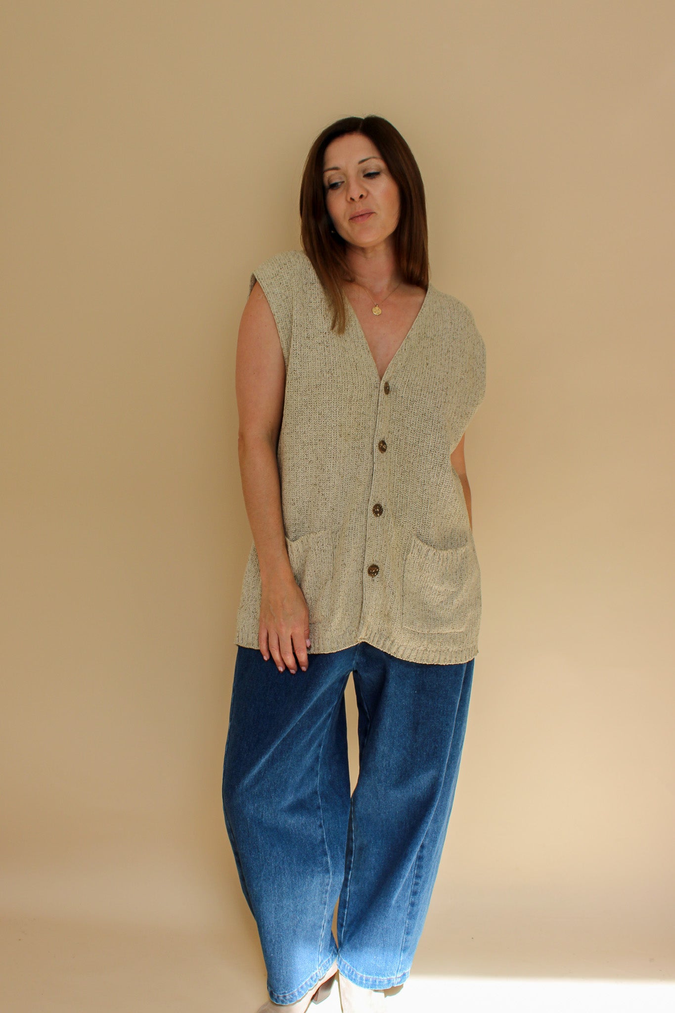 VINTAGE ST MICHAEL Raw Silk Knitted Long Waistcoat Size L