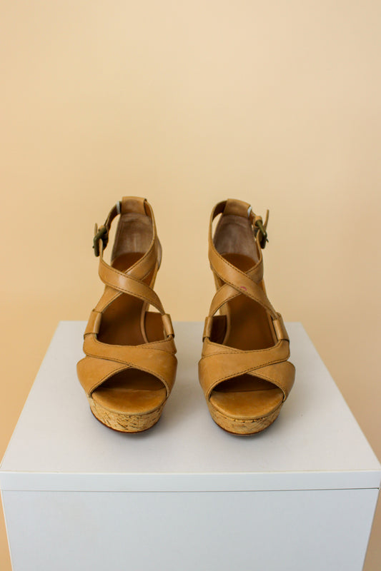 ASH Camel Leather Cork Sole High Wedges Size 4