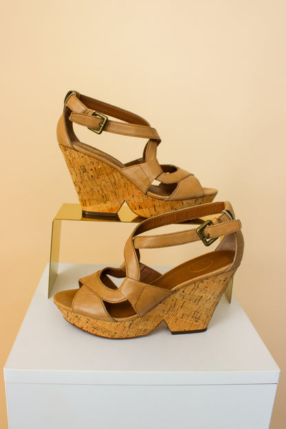 ASH Camel Leather Cork Sole High Wedges Size 4
