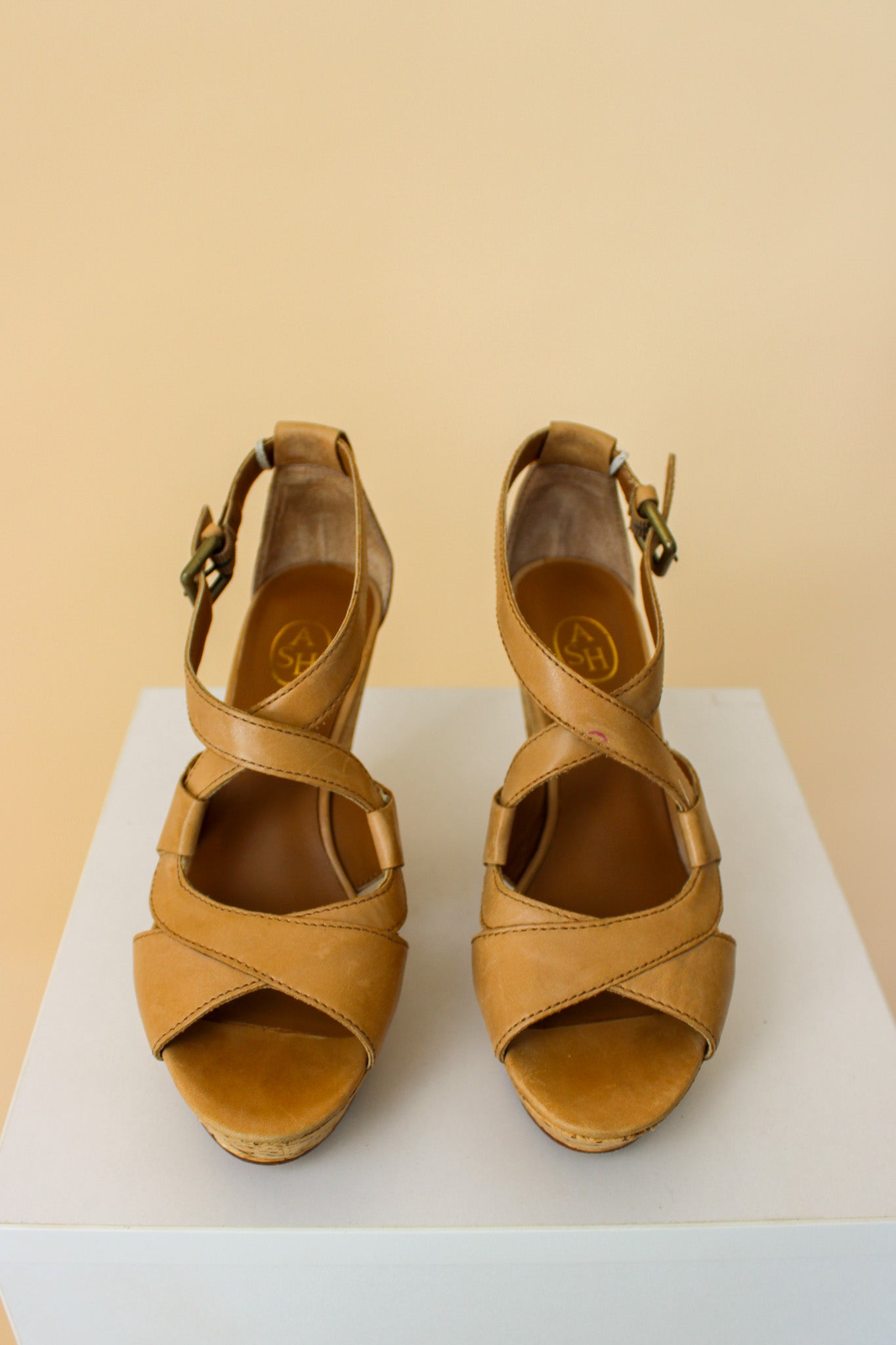 ASH Camel Leather Cork Sole High Wedges Size 4