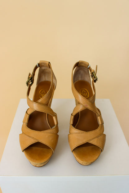 ASH Camel Leather Cork Sole High Wedges Size 4