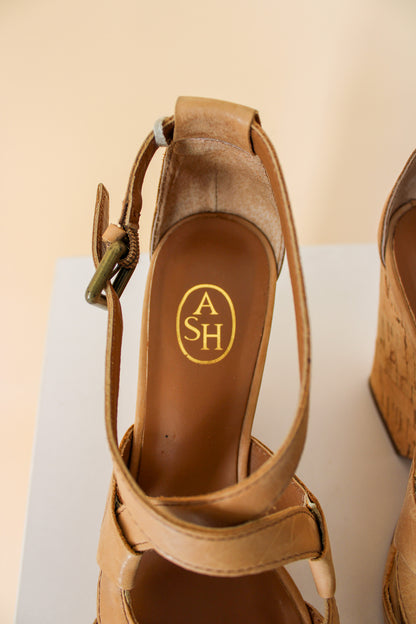 ASH Camel Leather Cork Sole High Wedges Size 4