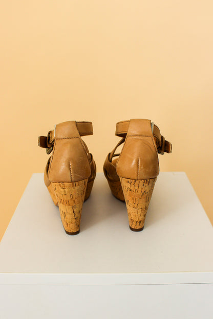 ASH Camel Leather Cork Sole High Wedges Size 4