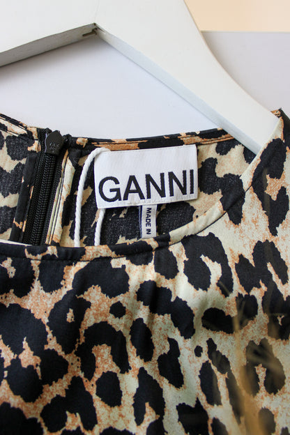GANNI Leopard print short sleeve silk midi dress Size 14-16