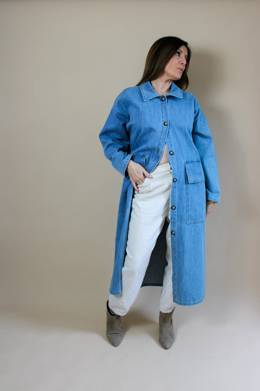 RITA ROW Adela Denim Long Trench Coat Size M