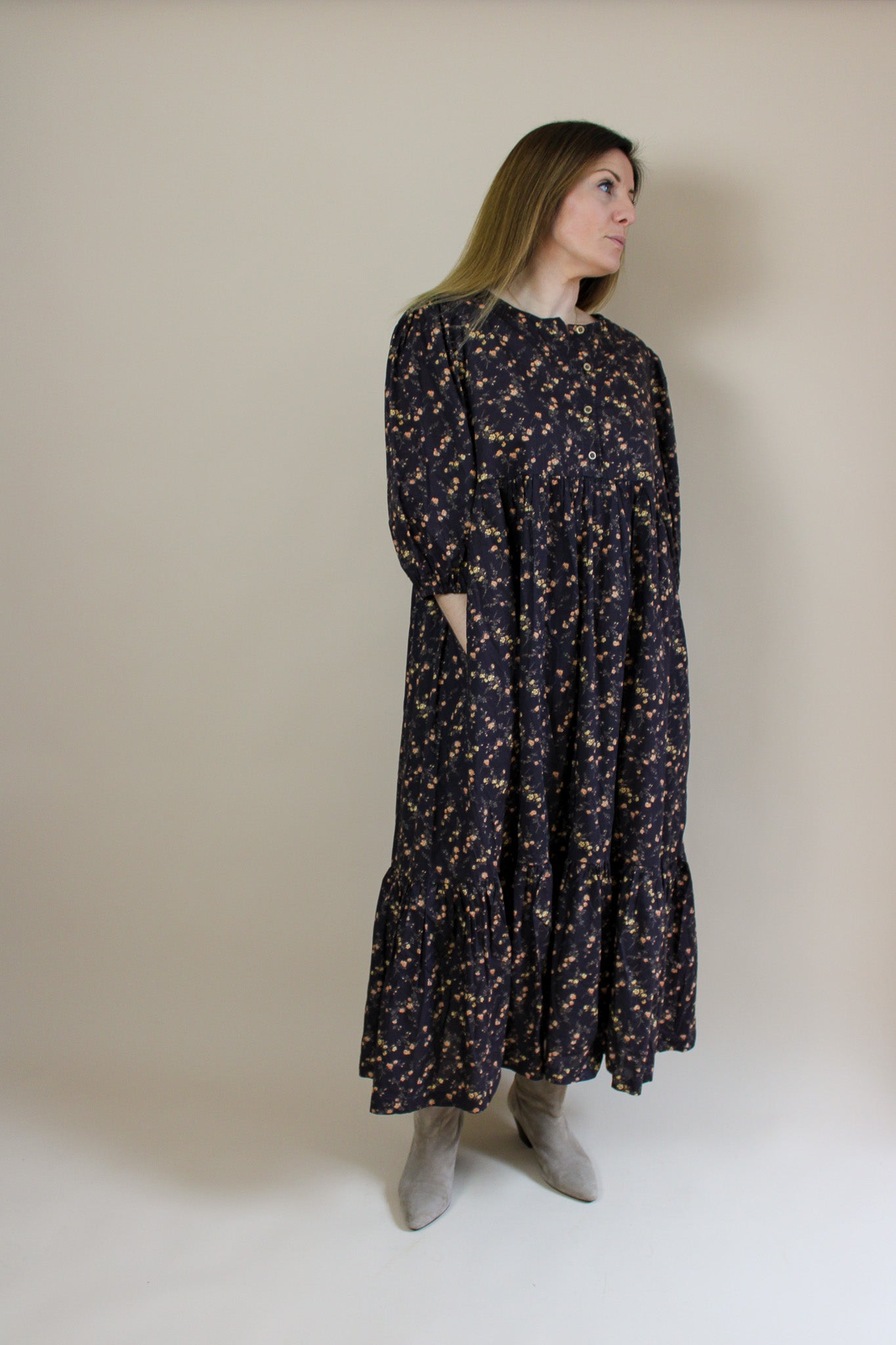 OFFON Maxi Flower Print Balloon Sleeve Cotton Dress Size M