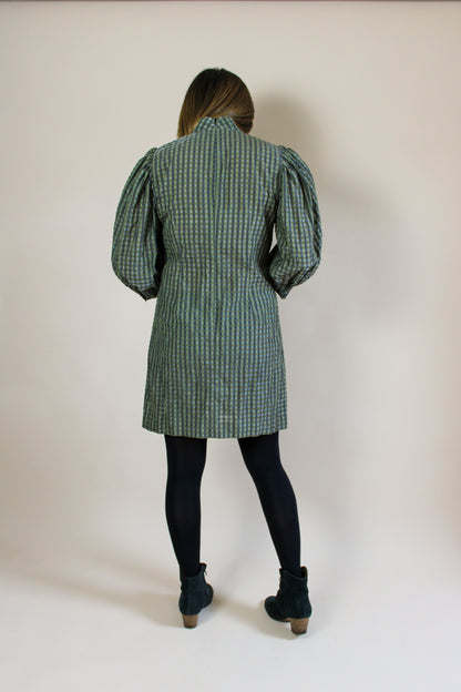 GANNI Puff Sleeve Shimmer Gingham Dress Size 10