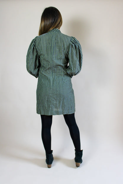 GANNI Puff Sleeve Shimmer Gingham Dress Size 10