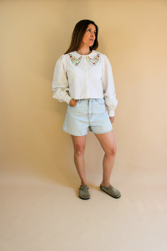 MEADOWS Embroidered Collar Foxglove Cotton Shirt Size 8-10
