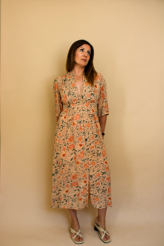 BA&SH Idol Floral V neck button midi Dress Size 12