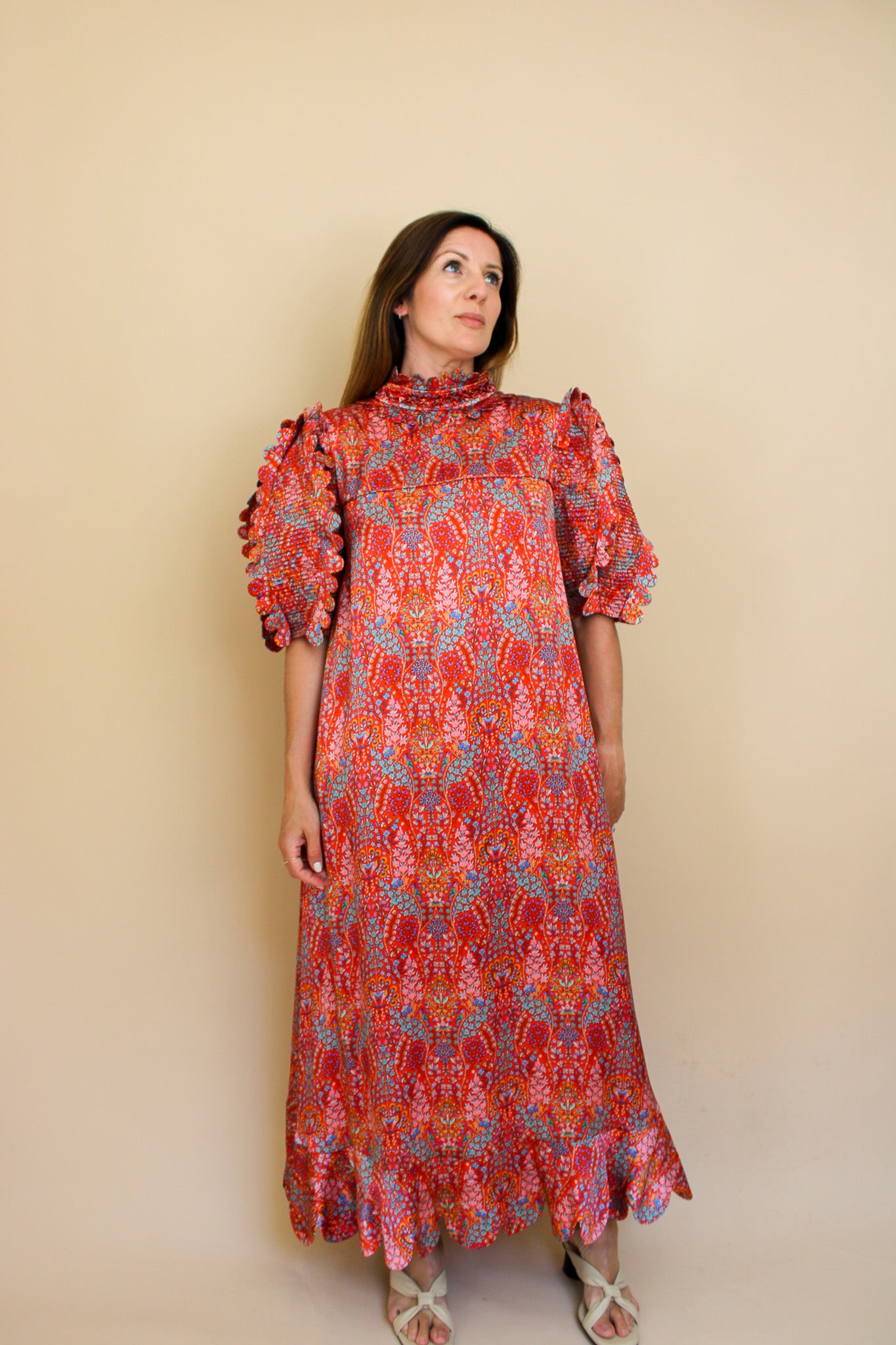 HORROR VACUI Elinor Scalloped Floral-print Silk Puff Sleeve Midi Dress Size S
