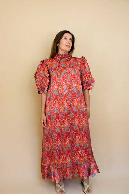 HORROR VACUI Elinor Scalloped Floral-print Silk Puff Sleeve Midi Dress Size S