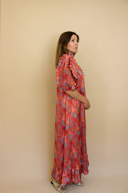 HORROR VACUI Elinor Scalloped Floral-print Silk Puff Sleeve Midi Dress Size S