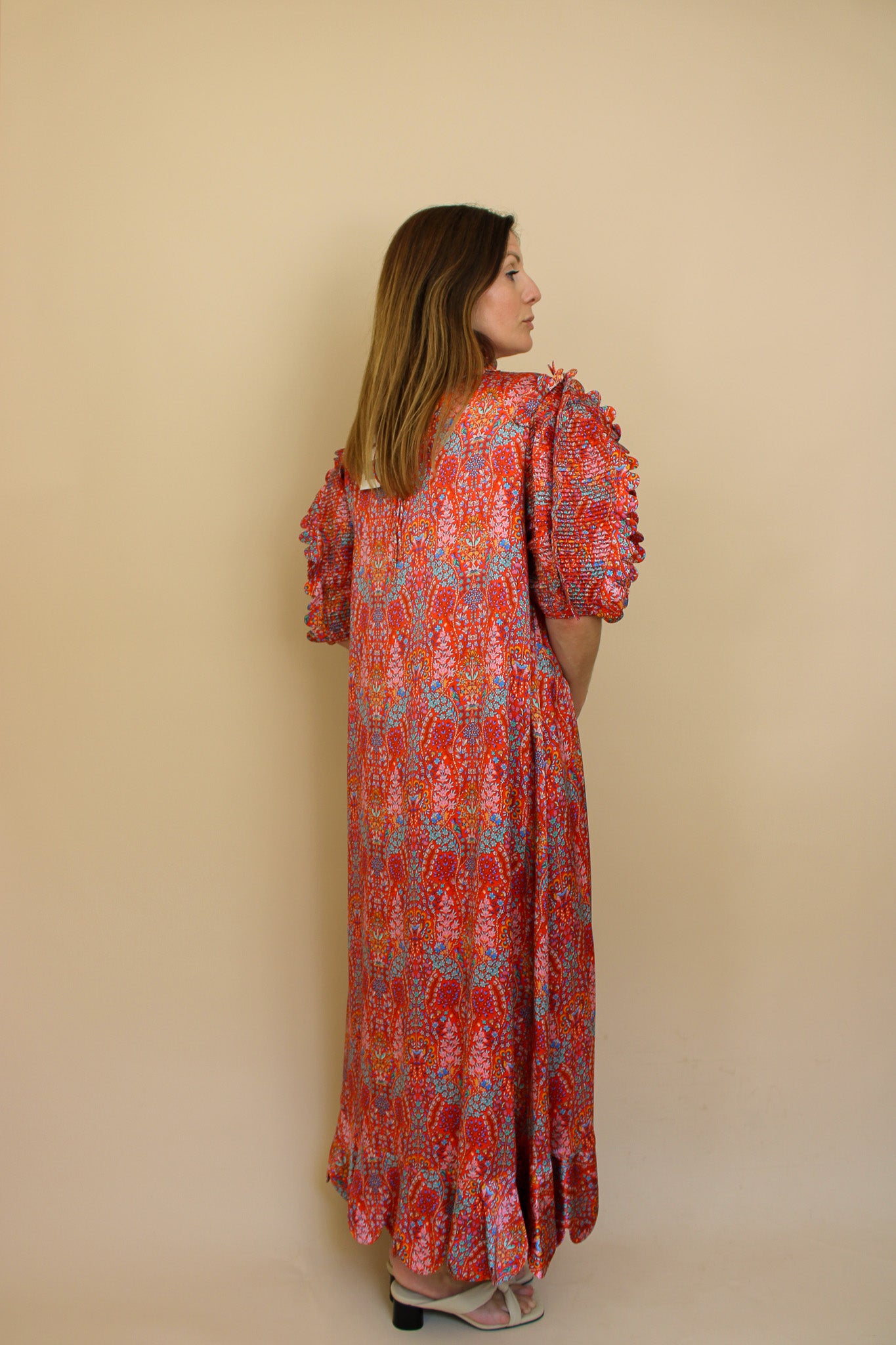 HORROR VACUI Elinor Scalloped Floral-print Silk Puff Sleeve Midi Dress Size S