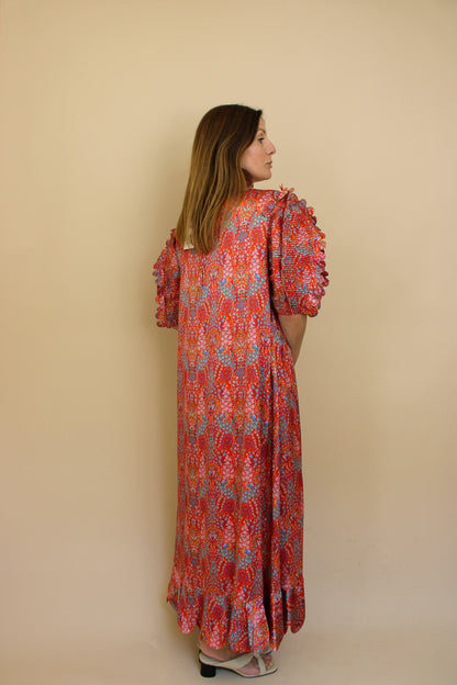 HORROR VACUI Elinor Scalloped Floral-print Silk Puff Sleeve Midi Dress Size S