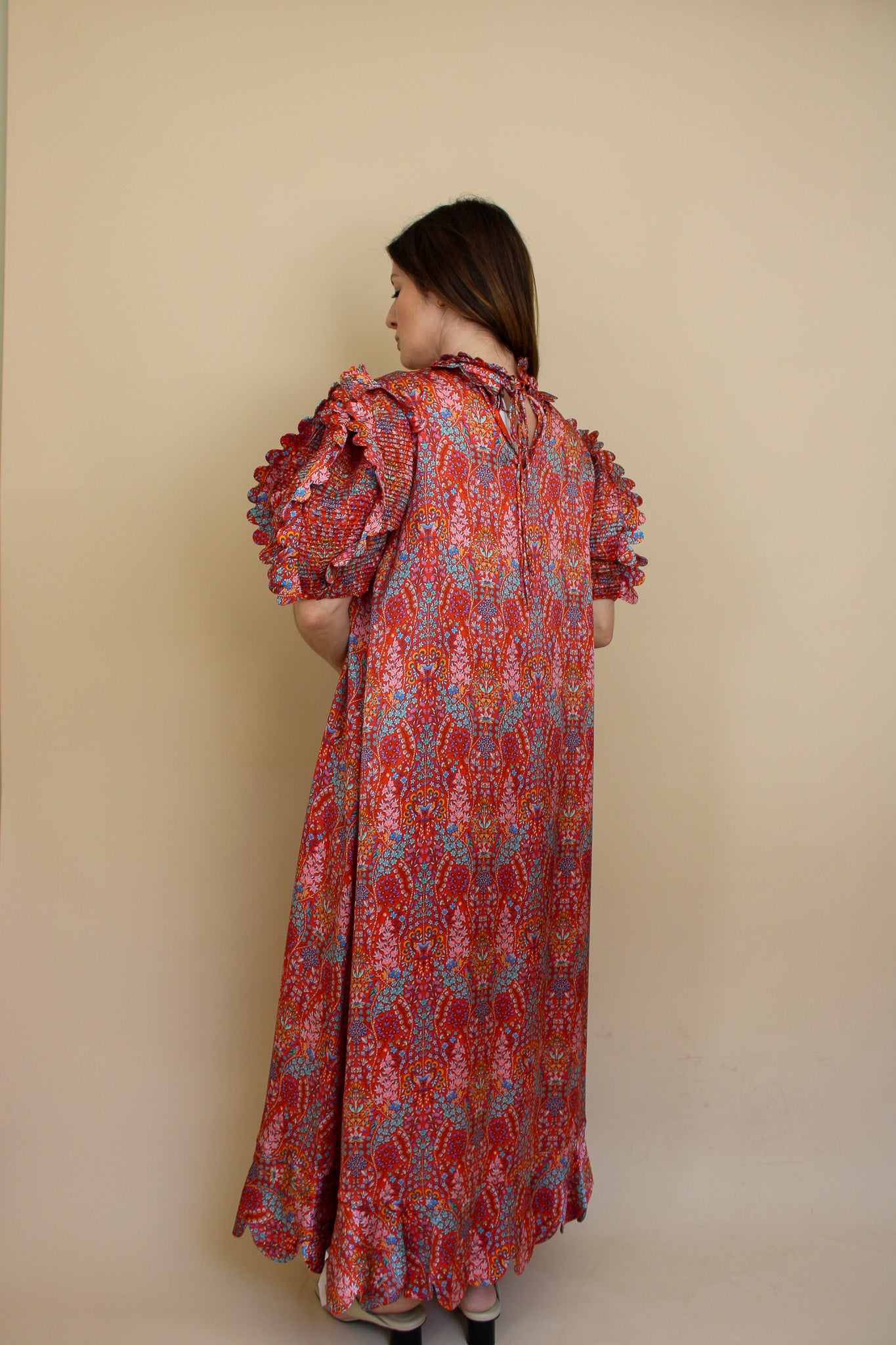 HORROR VACUI Elinor Scalloped Floral-print Silk Puff Sleeve Midi Dress Size S