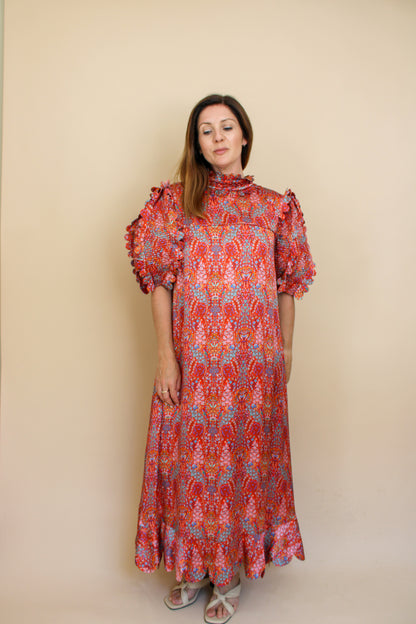HORROR VACUI Elinor Scalloped Floral-print Silk Puff Sleeve Midi Dress Size S