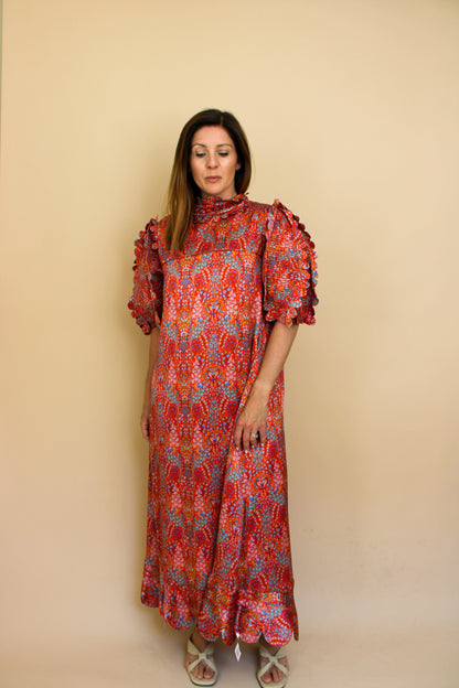 HORROR VACUI Elinor Scalloped Floral-print Silk Puff Sleeve Midi Dress Size S