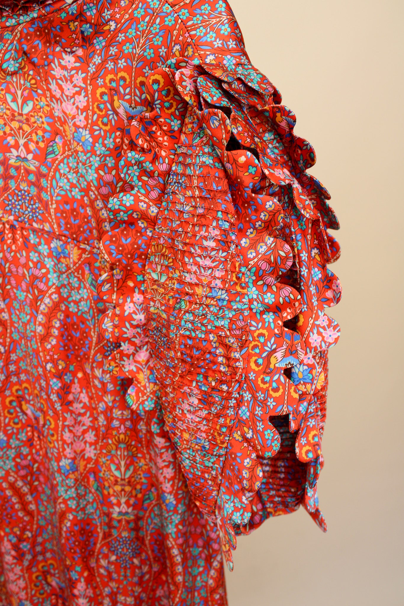 HORROR VACUI Elinor Scalloped Floral-print Silk Puff Sleeve Midi Dress Size S