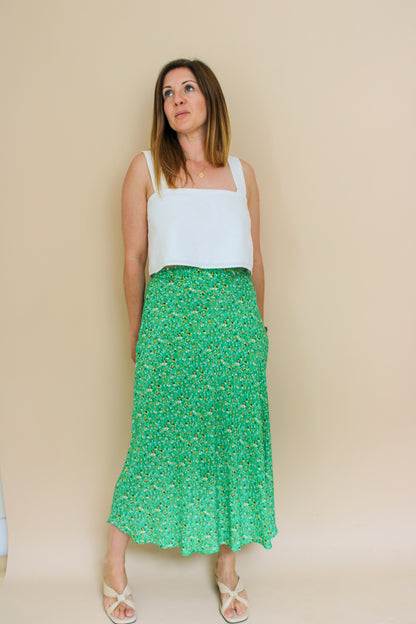 WHISTLES Green Ditsy Blossom Bias Cut Midi Skirt Size 10