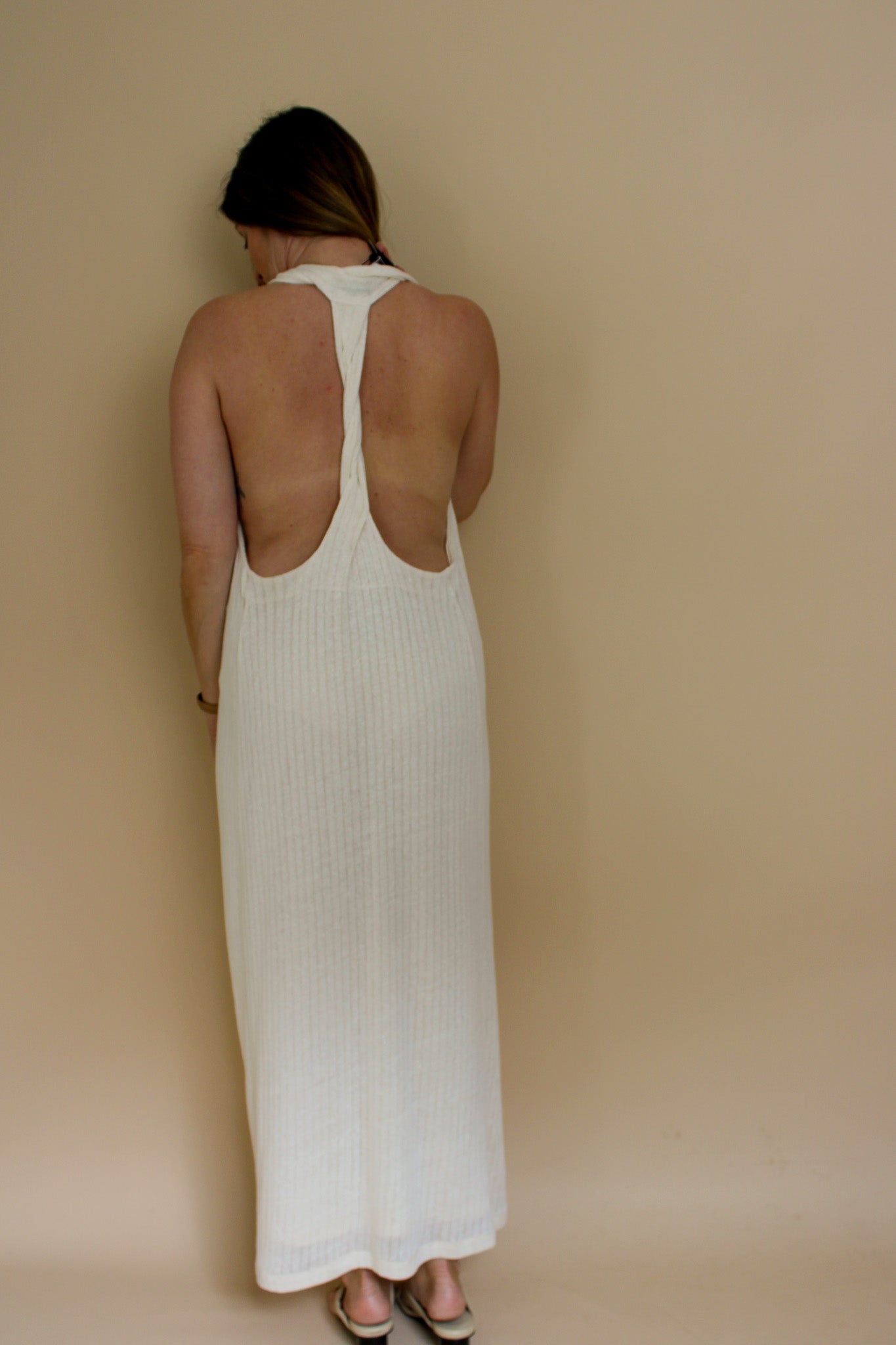 MASSIMO DUTTI Twist Back Halter Rib Knit Maxi Dress Size L