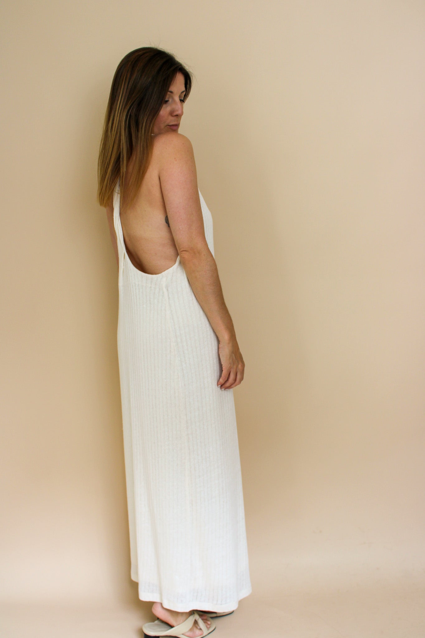 MASSIMO DUTTI Twist Back Halter Rib Knit Maxi Dress Size L