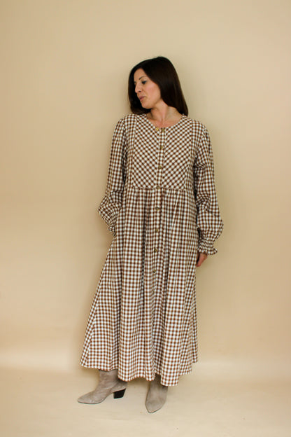 MEADOWS Cortland Long Sleeve Gingham Midi Dress Size 8-10